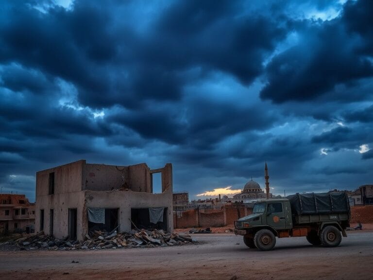 Flick International A dramatic evening sky over Rafah, Gaza, showcasing dark clouds and a war-torn landscape with a destroyed building and Israeli military vehicle.