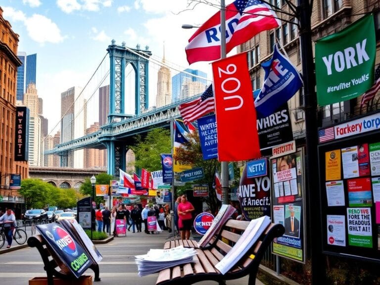 Flick International Vibrant New York City urban landscape with campaign posters and banners