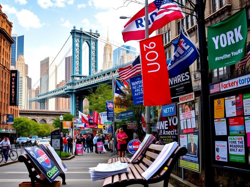 Flick International Vibrant New York City urban landscape with campaign posters and banners