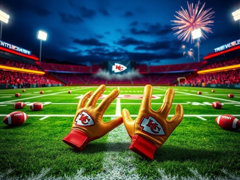 Flick International Travis Kelce celebrates touchdown with golden football gloves on Kansas City Chiefs field