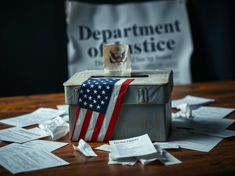 Flick International Close-up of a weathered ballot box with a faded American flag and crumpled voter registration forms