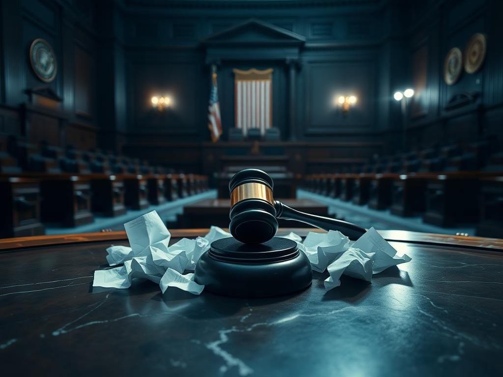 Flick International A close-up shot of a large, empty congressional chamber with a gavel on a podium