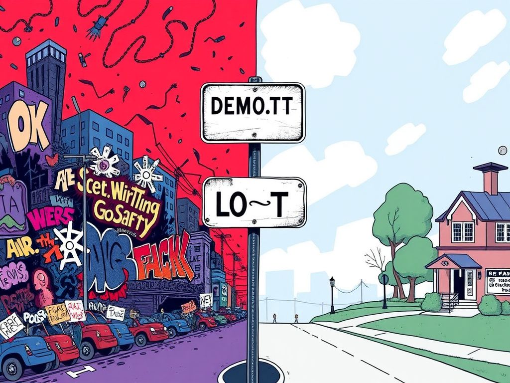 Flick International A split scene illustrating the ideological divide within the Democratic Party, featuring chaotic urban landscapes and calm suburban environments.