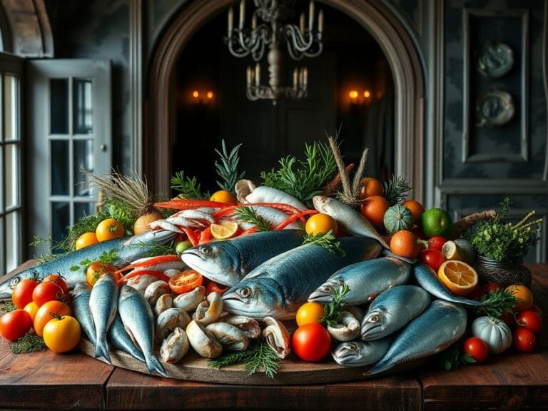 Flick International Vibrant seafood display featuring fresh fish and shellfish arranged with organic vegetables and citrus fruits on a rustic wooden table