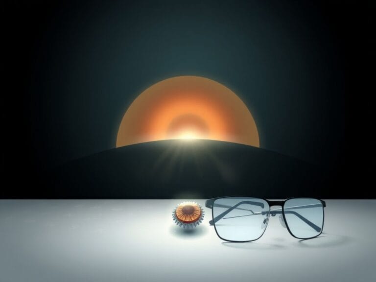 Flick International An abstract illustration of a tiny retinal implant positioned beneath a stylized retina, symbolizing its functionality.