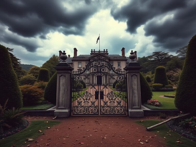 Flick International Regal mansion surrounded by lush gardens under dark storm clouds