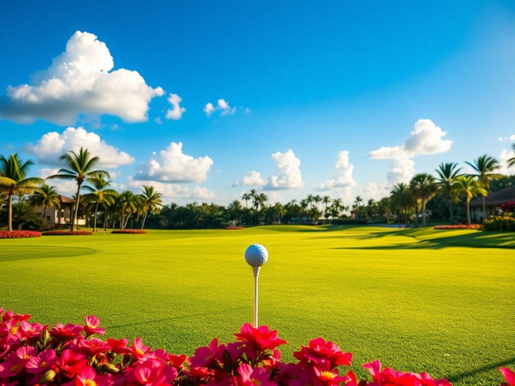 Flick International A beautiful golf course scene at Pelican Golf Club, showcasing vibrant flowers and a pristine golf tee in Belleair, Florida.