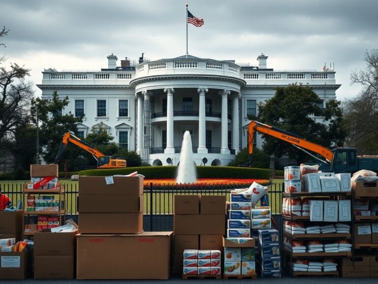 Flick International Visual depiction of the White House East Wing under renovation with emergency food supplies in the foreground