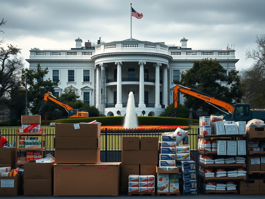 Flick International Visual depiction of the White House East Wing under renovation with emergency food supplies in the foreground