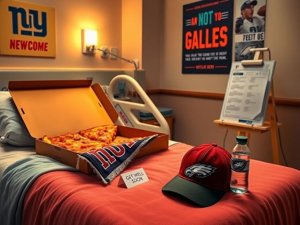 Flick International Hospital scene with pizza and cheesesteaks for injured Giants player Cam Skattebo