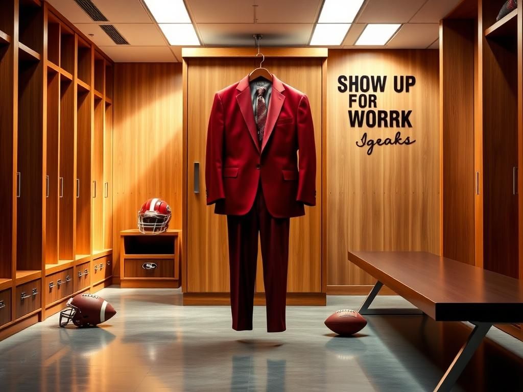 Flick International A two-tone suit displayed in a modern football locker room, symbolizing player professionalism.