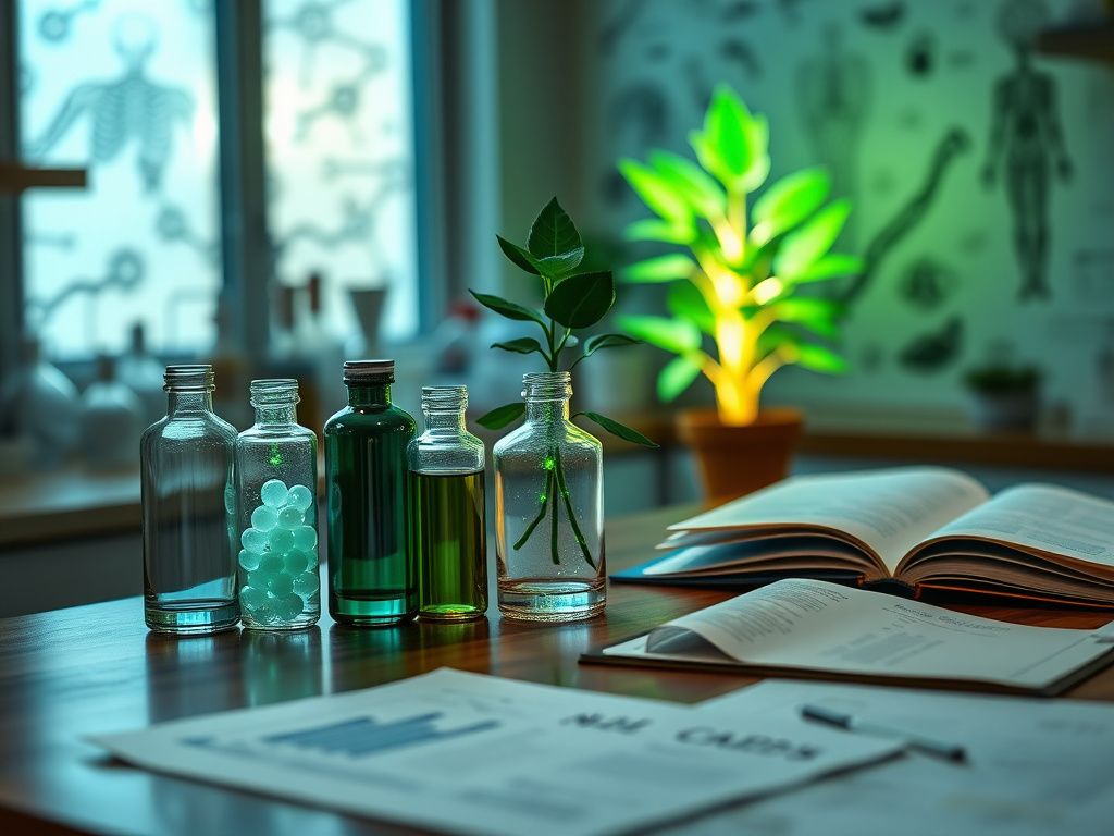 Flick International Serene laboratory setting with glass vials and bioluminescent plant symbolizing NAD+ supplements and cellular health