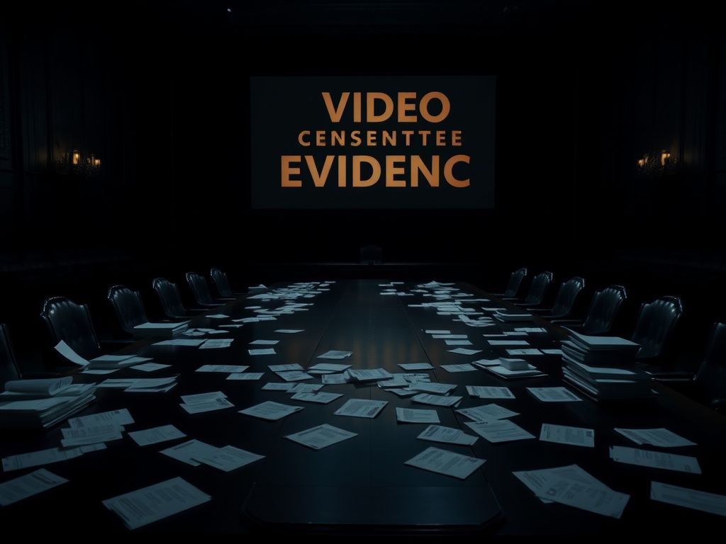 Flick International A dimly lit room resembling a congressional hearing chamber with a polished wooden table and scattered documents