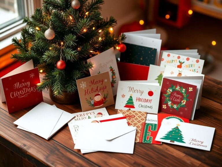 Flick International Colorful holiday cards displayed on a rustic wooden table alongside a small evergreen tree decorated with lights