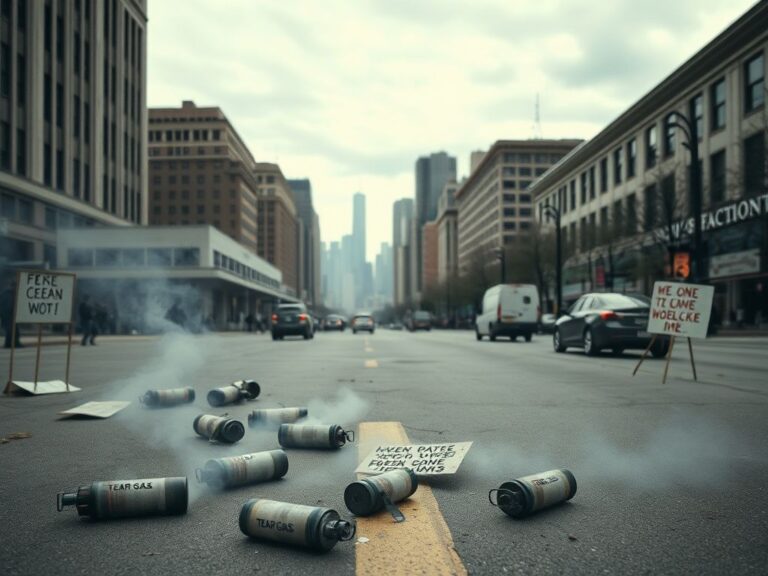 Flick International A vacant urban street in Chicago surrounded by government buildings with tear gas canisters scattered among protest signs.