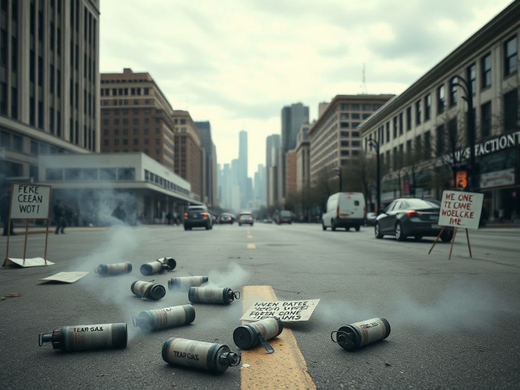 Flick International A vacant urban street in Chicago surrounded by government buildings with tear gas canisters scattered among protest signs.