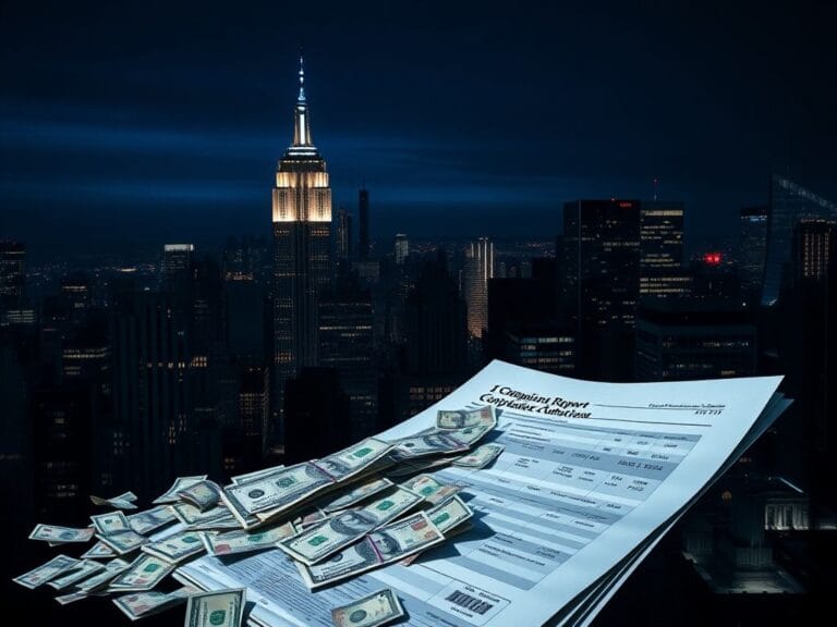 Flick International Nighttime skyline of New York City featuring illuminated skyscrapers and a chaotic campaign finance report.