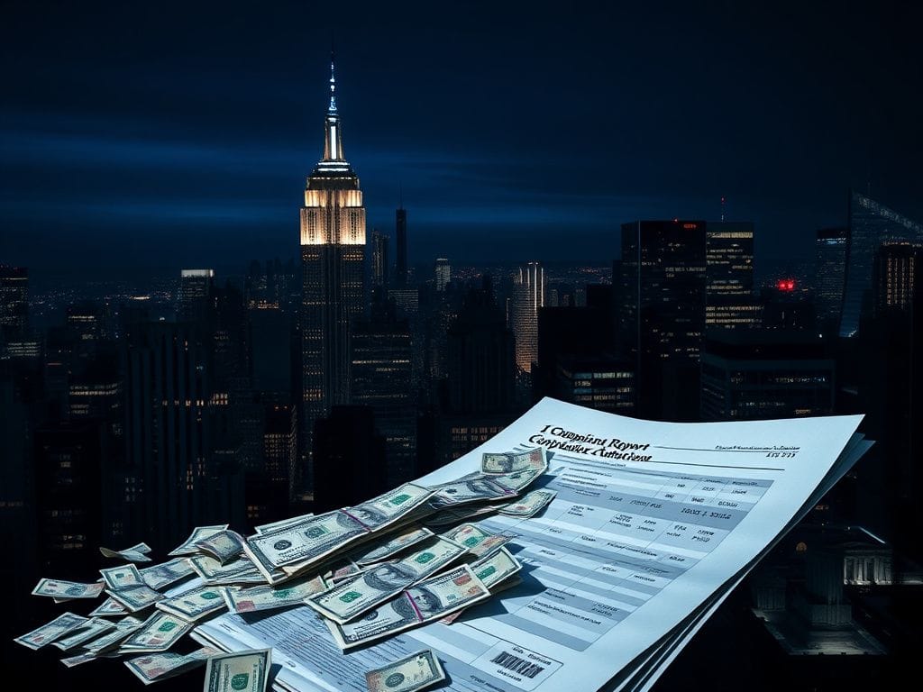 Flick International Nighttime skyline of New York City featuring illuminated skyscrapers and a chaotic campaign finance report.