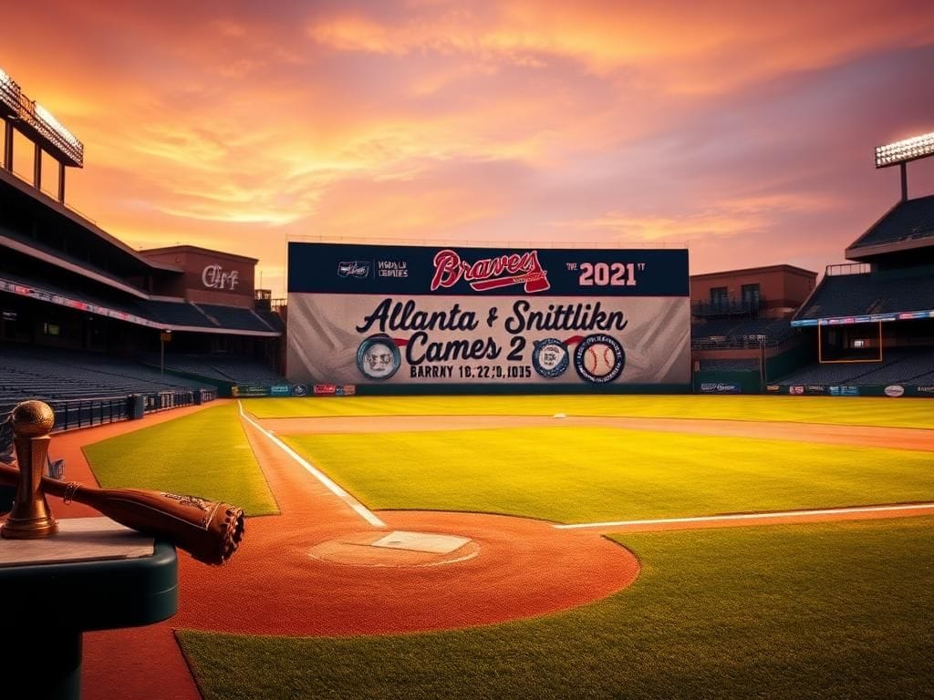 Flick International Dynamic baseball field scene at dusk at the Atlanta Braves stadium with a mural of Bobby Cox and Brian Snitker in the background