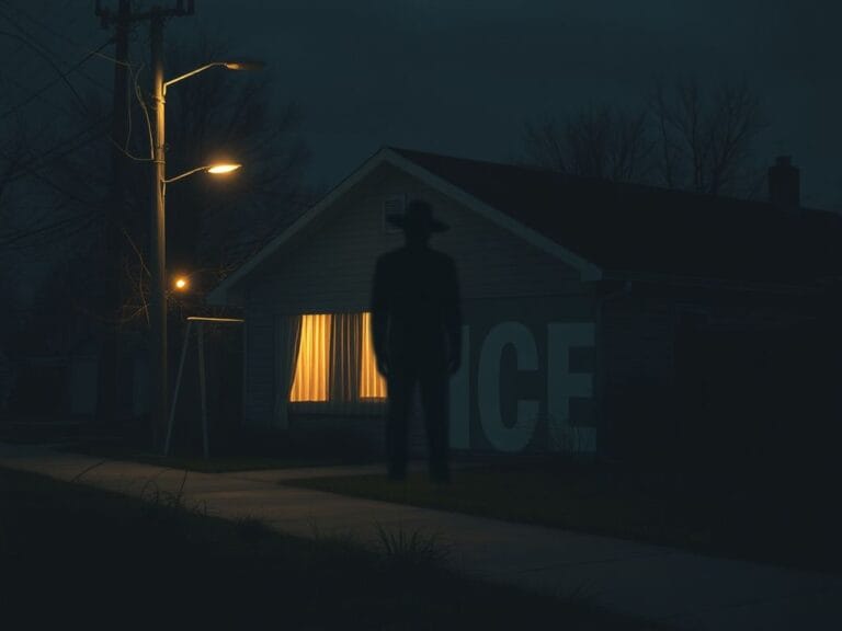 Flick International A dimly lit suburban street at night with a shadowy figure outside a closed-curtain house