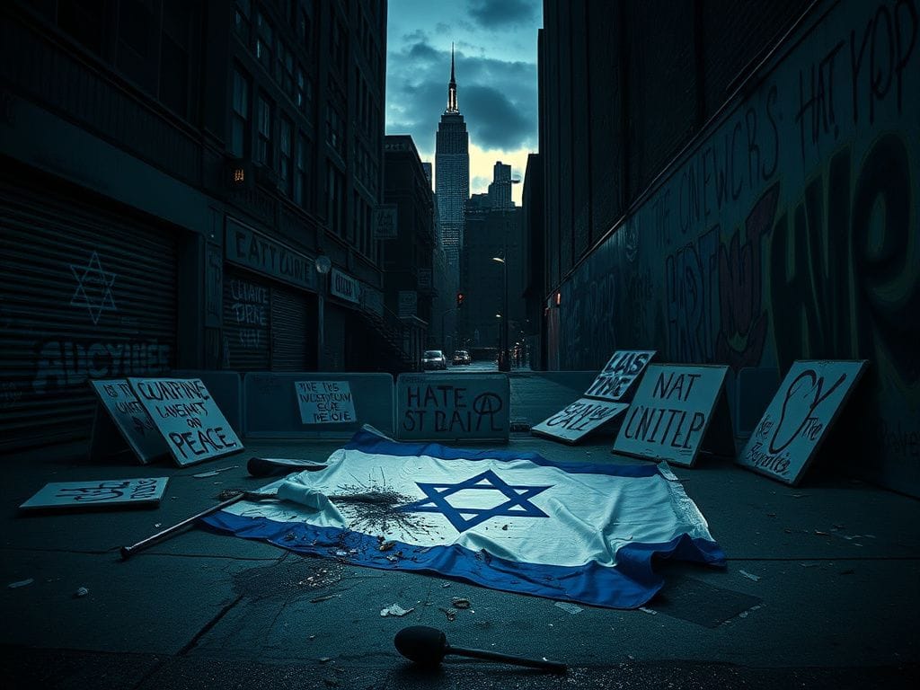 Flick International A dark NYC street corner featuring a shattered Israeli flag and scattered protest signs