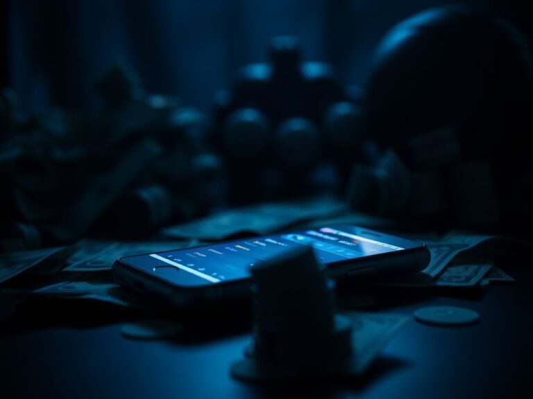 Flick International Mobile phone displaying a betting app surrounded by scattered dollar bills