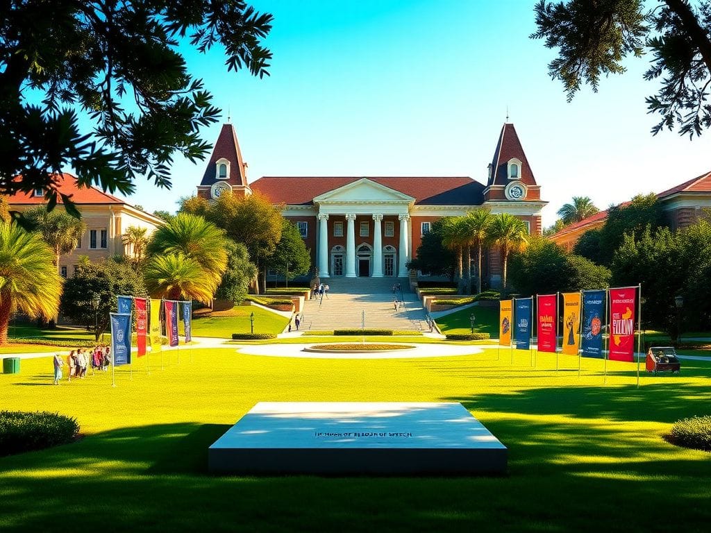 Flick International Lush LSU campus with empty pedestal suggesting future statue honoring freedom of speech