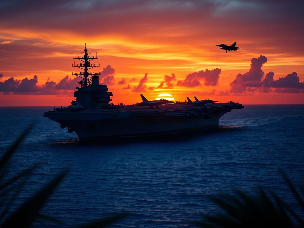 Flick International USS Gerald R. Ford aircraft carrier over the Caribbean Sea at sunset