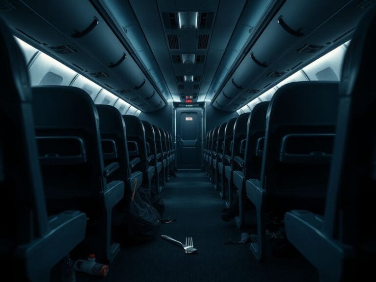 Flick International Empty airplane cabin with an overturned row of seats and a fork on the floor