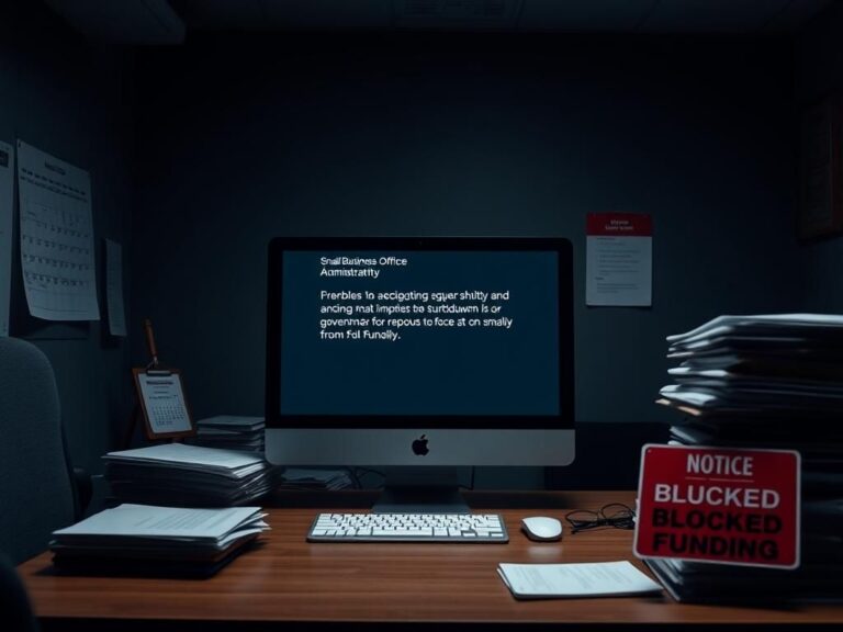 Flick International Empty Small Business Administration office with a computer displaying an out-of-office email due to government shutdown