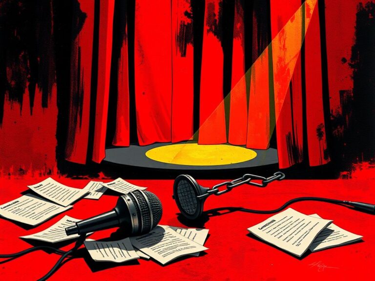 Flick International A broken microphone symbolizing silenced voices amid a chaotic backdrop of censorship and comedy.