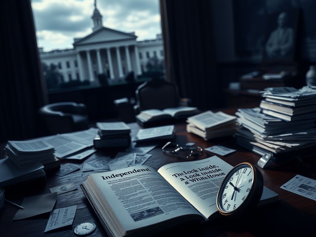 Flick International A dimly lit room filled with books and political imagery representing chaos and disarray.