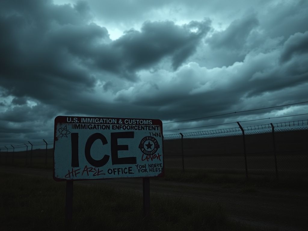 Flick International Foreboding landscape with a weathered ICE office sign defaced with graffiti, depicting tension around immigration enforcement
