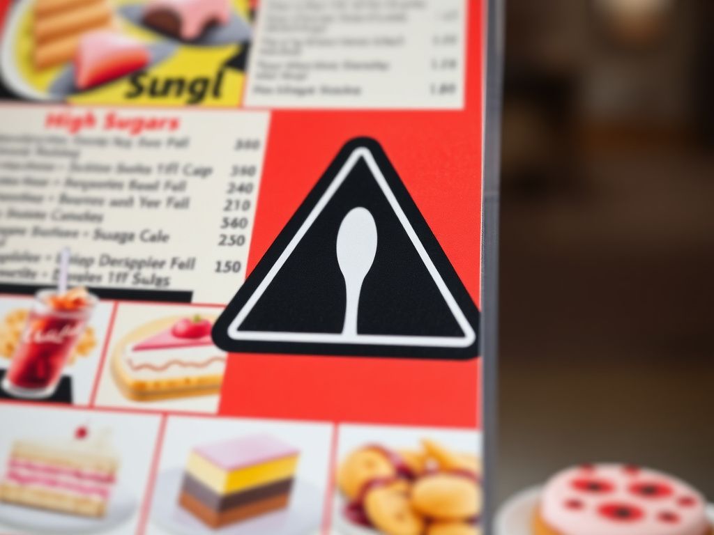 Flick International Close-up of a restaurant menu with a black triangle symbol indicating high sugar content