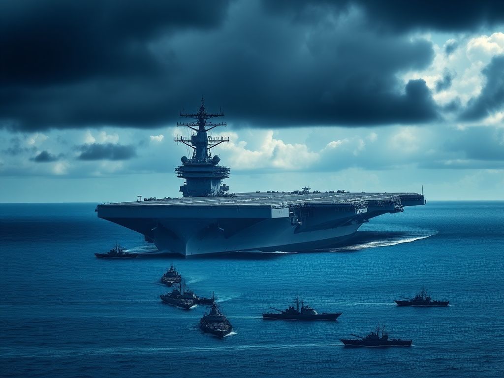 Flick International USS Gerald R. Ford aircraft carrier looming over the Caribbean waters