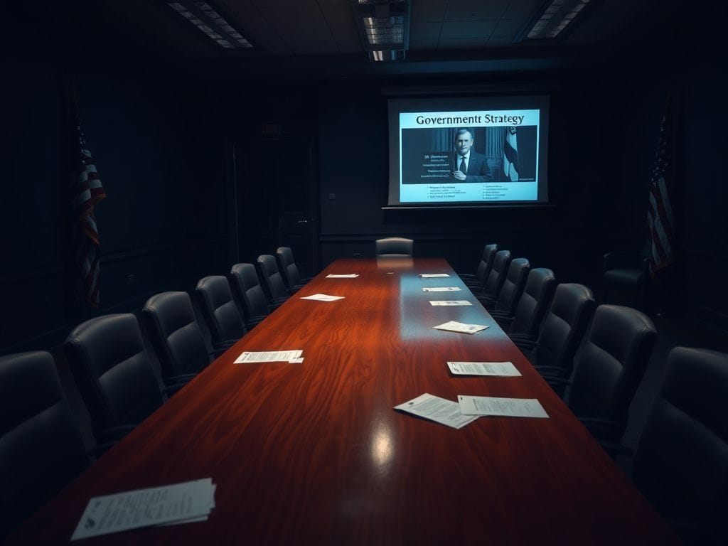 Flick International Dimly lit conference room with a long wooden table and empty chairs, reflecting the tension of a GOP strategy discussion