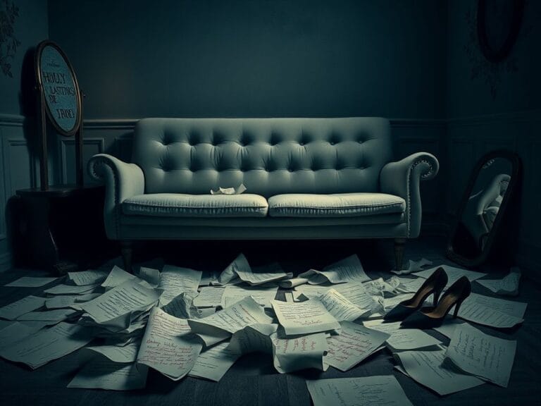 Flick International Close-up of a vintage Hollywood casting couch in a dimly lit room with crumpled paper scripts and high-heeled shoes, symbolizing beauty standards pressure