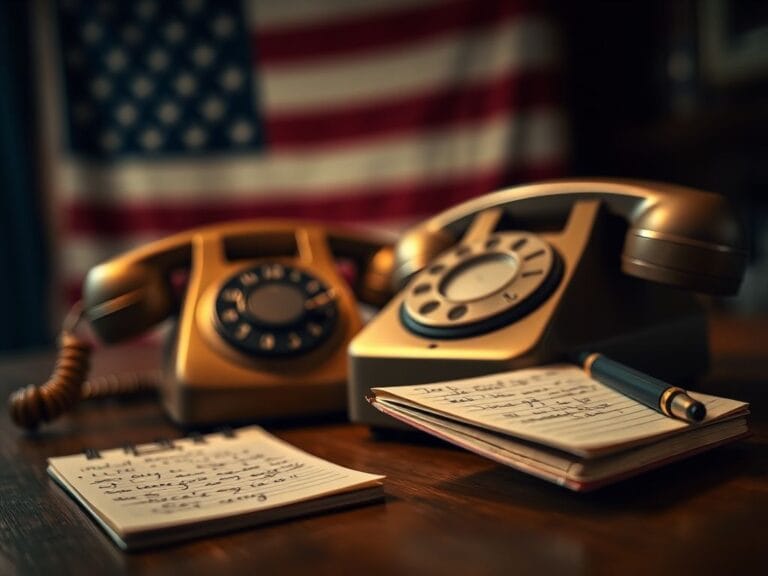 Flick International Vintage rotary telephone on a wooden desk with a notepad and pen, symbolizing a historic political conversation.