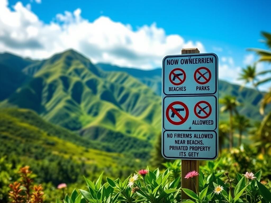 Flick International Serene Hawaiian landscape with a signpost displaying gun ownership restrictions