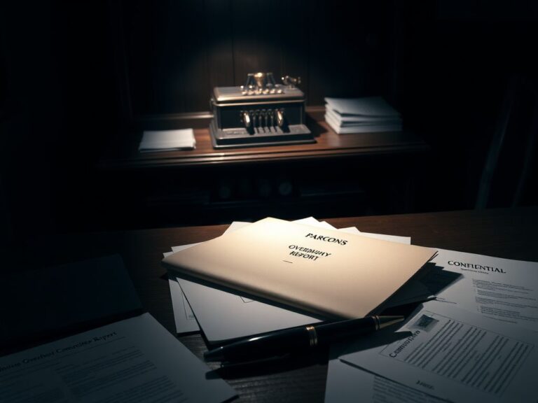 Flick International Dimly-lit room with official documents and an empty executive pen beside a folder labeled 'Pardons'
