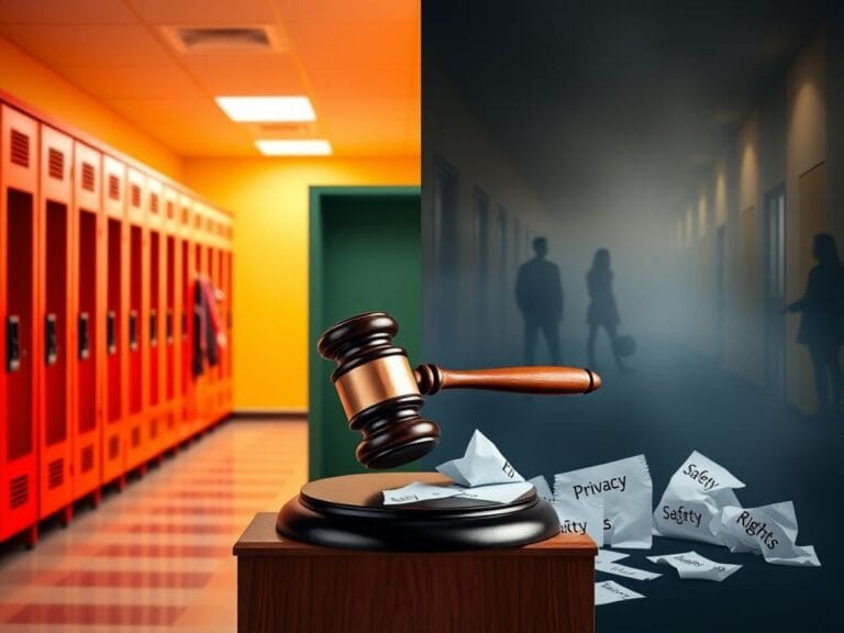 Flick International A split image depicting a vibrant school locker room contrasted with a foggy corridor, symbolizing inclusion and division in gender policy debates.