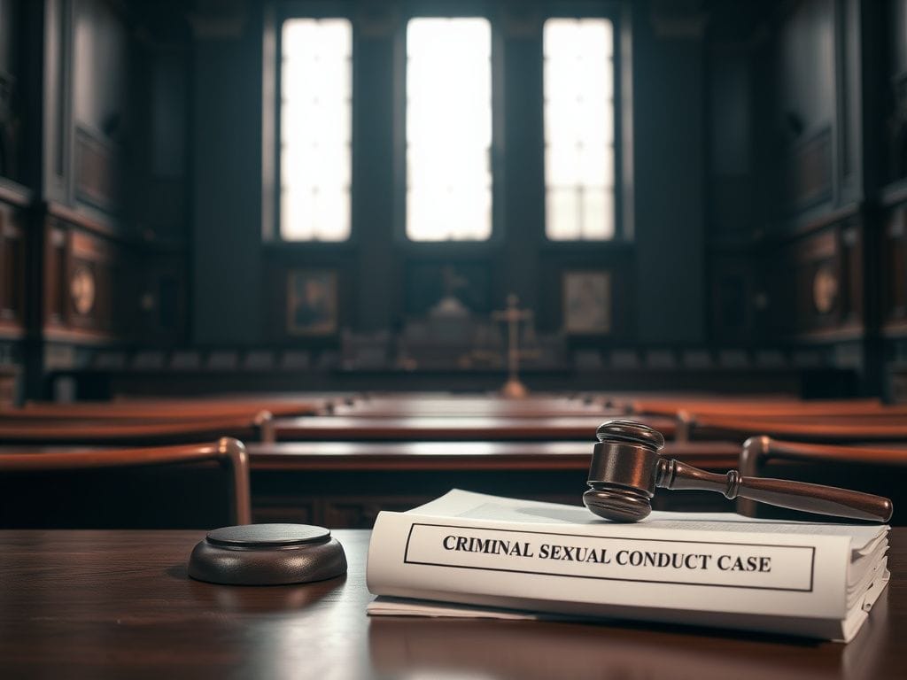 Flick International courtroom scene with wooden benches and gavel symbolizing justice