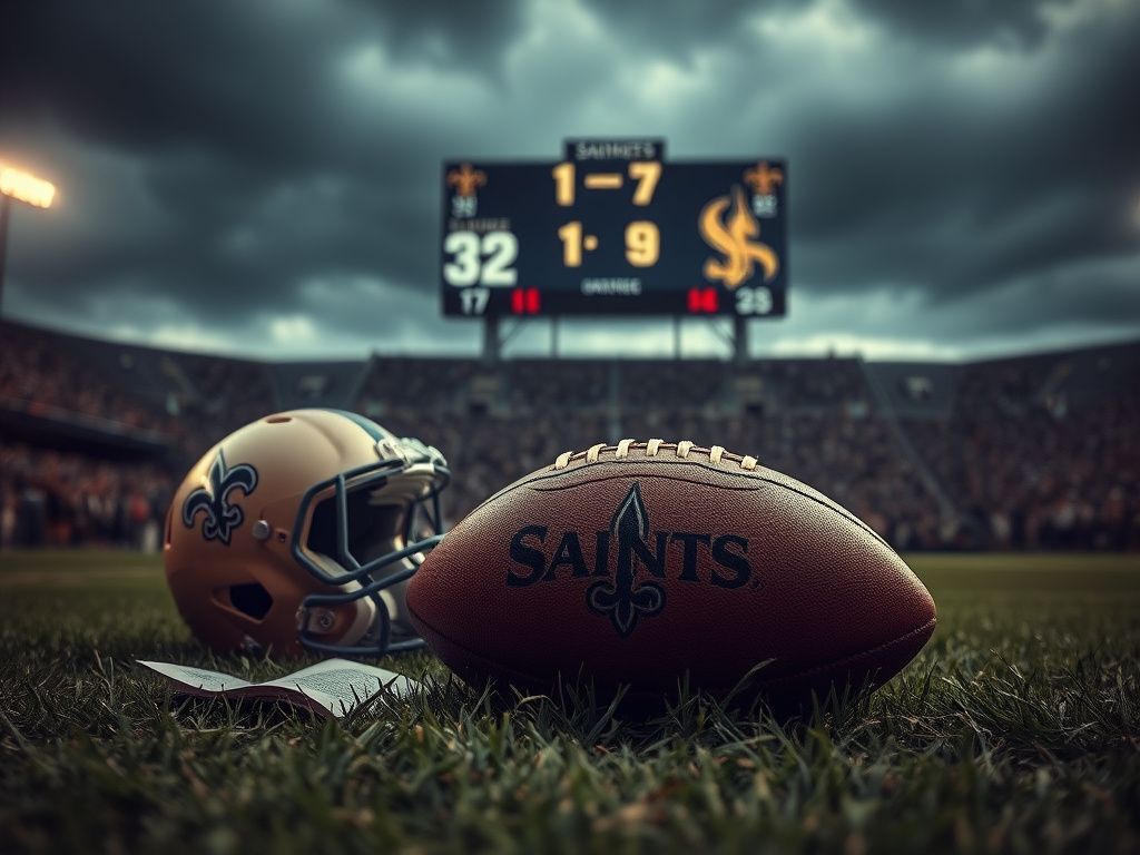 Flick International Dramatic football stadium scene with a Saints helmet and playbook