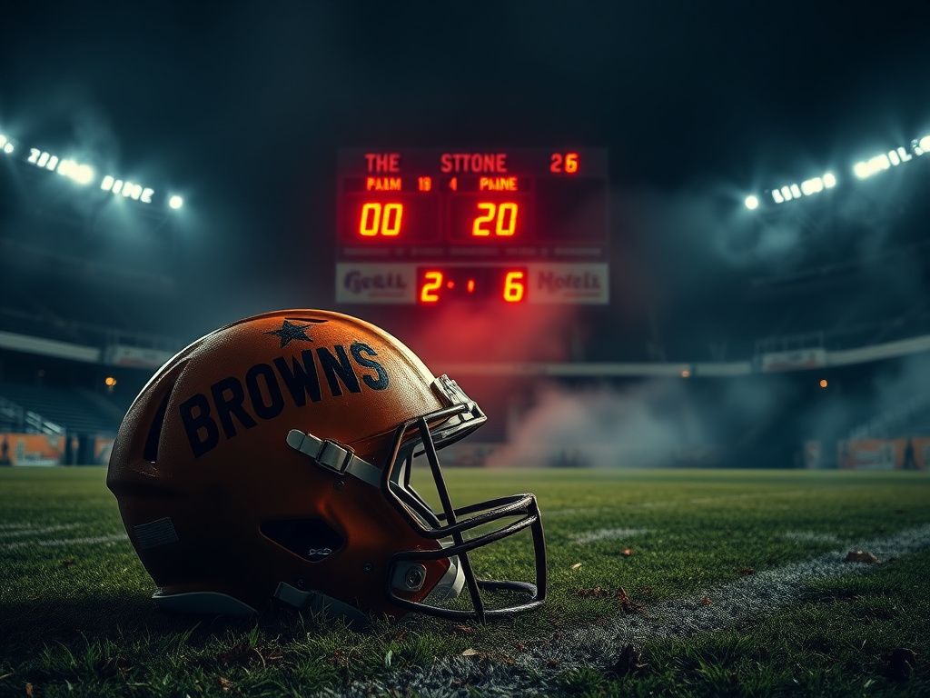 Flick International A dark, empty football stadium with a worn-out Browns helmet on the turf under bright floodlights.