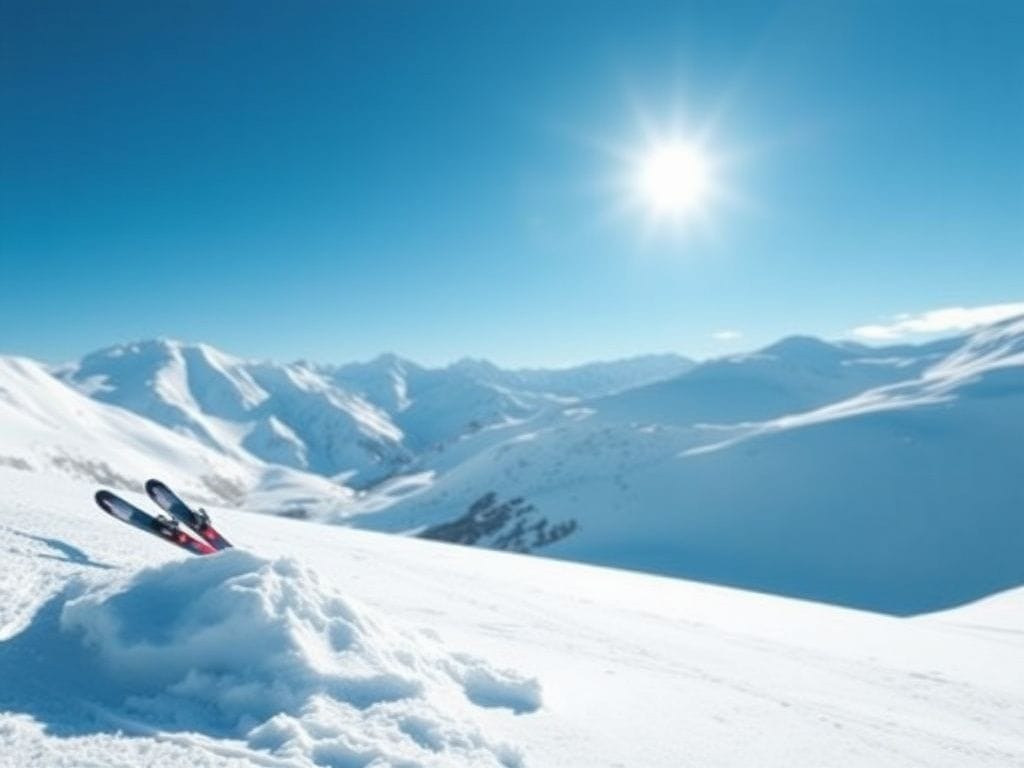 Flick International Serene winter landscape with skis, snow-covered slopes, and mountains