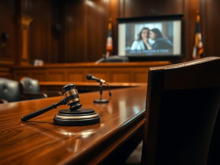 Flick International Somber courtroom scene with gavel and empty chair