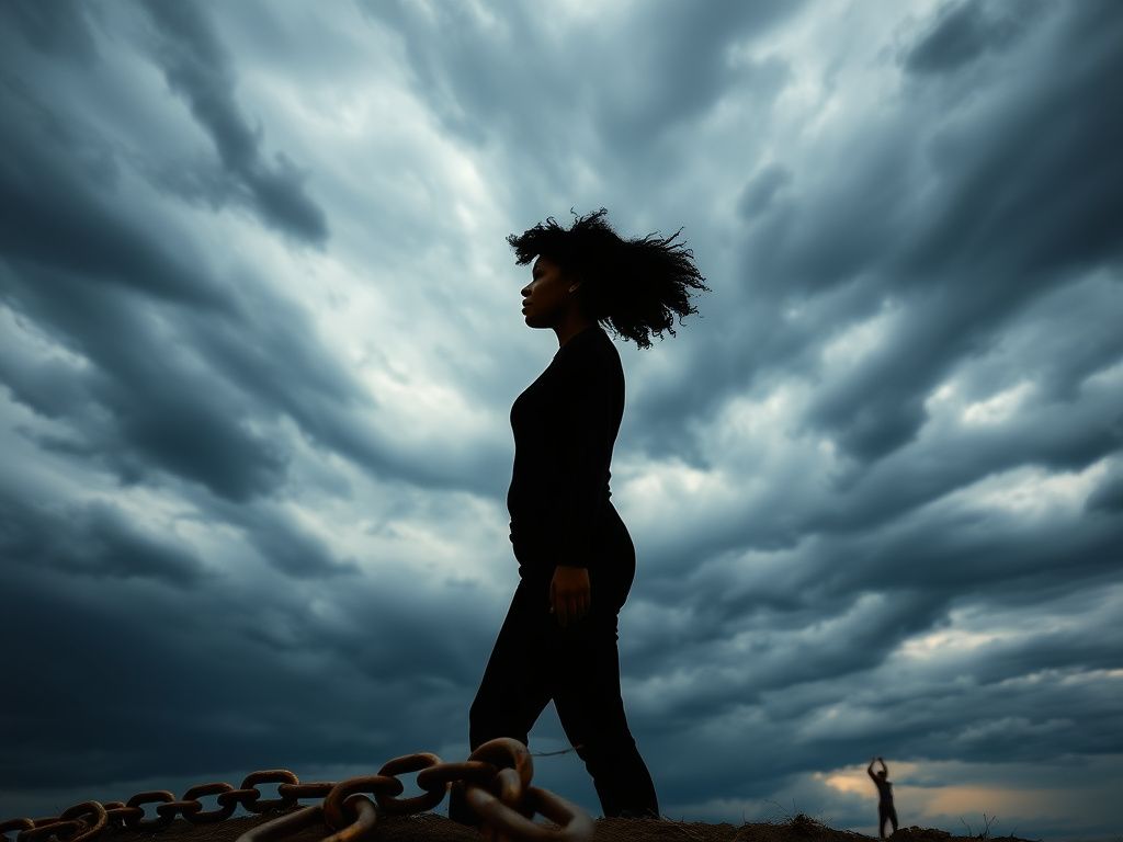 Flick International Strong silhouette of a Black woman against a stormy sky symbolizing resilience