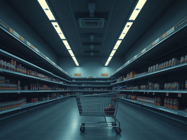 Flick International Empty grocery store aisle with sparse food items, illustrating food insecurity