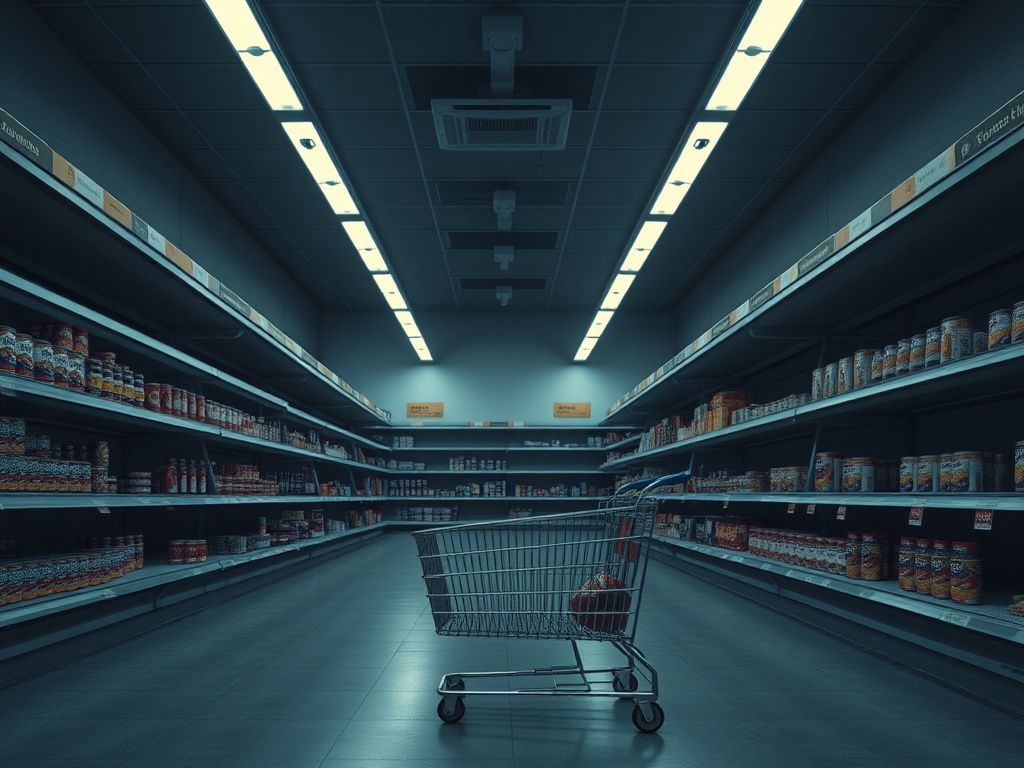 Flick International Empty grocery store aisle with sparse food items, illustrating food insecurity