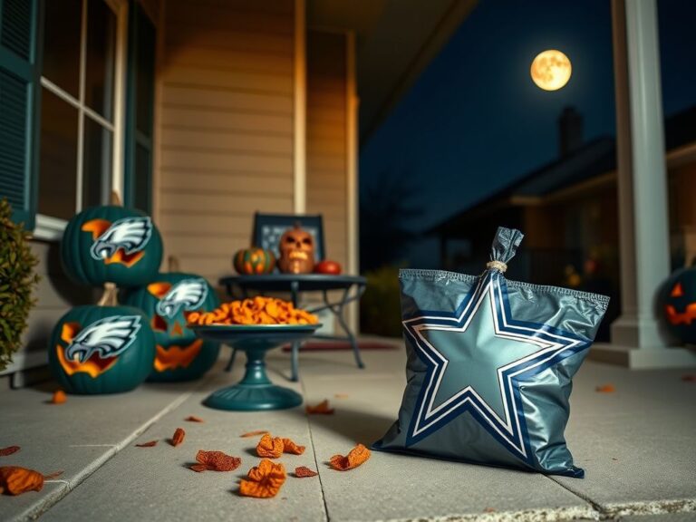 Flick International Halloween-themed porch decorated in Philadelphia Eagles colors with carved pumpkins and Dallas Cowboys star treat bag